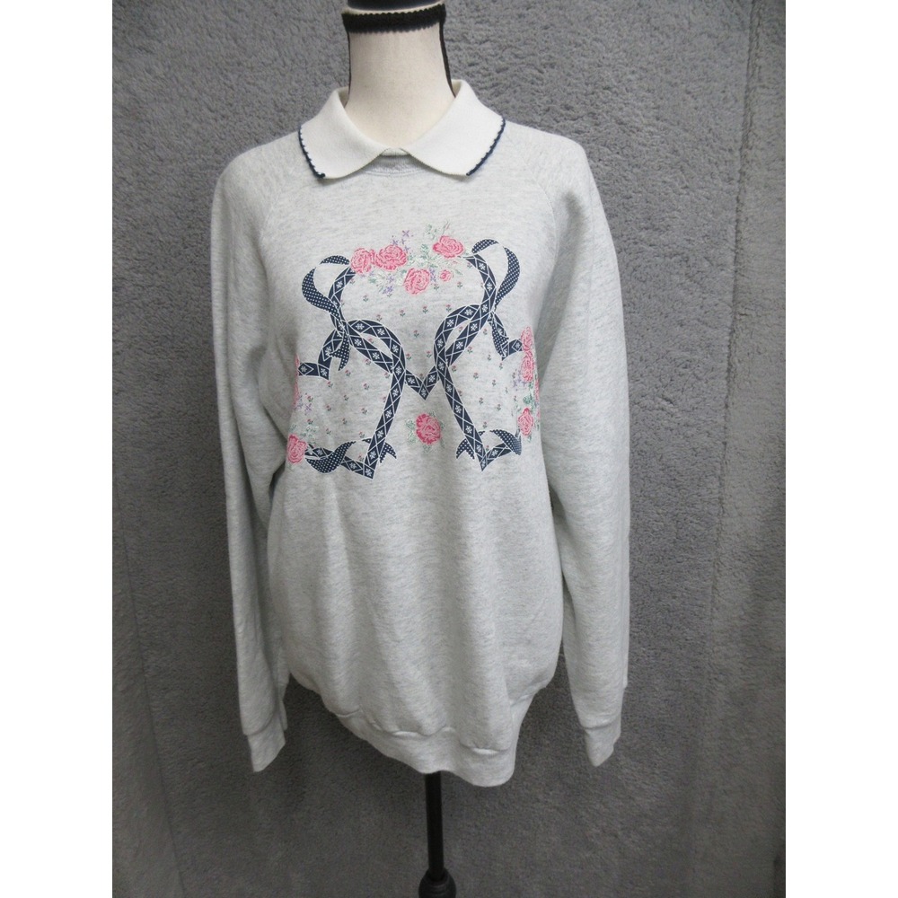 Vintage Floral Embroidered Fruit of the Loom Sweatshirt Womens L Collared Retro